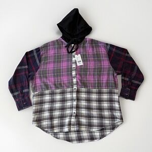 BDG Urban Outfitters Mixed Plaid Hooded Flannel Shirt Purple Patchwork Small NWT